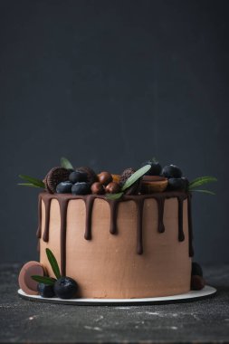 Siyah arka planda yaban mersinli, kurabiyeli ve şekerli çikolatalı pasta. Kahverengi krem peynirli pasta ve üzerinde koyu çikolata damlaları.