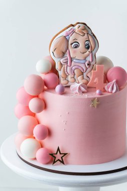Kyiv, Ukrayna - 09 Mart 2025: Paw Patrol çizgi dizisinin küçük bir hayranı için pembe doğum günü pastası köpek yavrusu Skye ve çikolata küreleri şeklinde zencefilli kurabiye ile süslenmiş televizyon dizisi