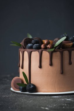 Siyah arka planda yaban mersinli, kurabiyeli ve şekerli çikolatalı pasta. Kahverengi krem peynirli pasta ve üzerinde koyu çikolata damlaları.