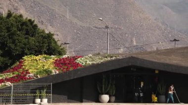 Güzel, modern bir bina. Çatıda çiçekler ve çimenler var. Arkasında da Kanarya Adalarında Santa Cruz de Tenerife 'de kayalık dağlar var.