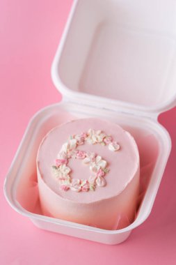 Hediye kutusunda pembe krem peynirli küçük bento keki. Sevilen birine hediye olarak moda bir pasta. Altı rakamlı krema çiçekleriyle süslenmiş bir kadın için bahar pastası.