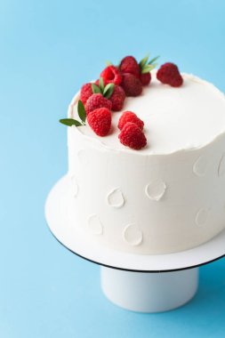 Taze ahududu ve böğürtlenlerle süslenmiş beyaz krem peynirli doğum günü pastası. Mavi arka planda kırmızı ve siyah böğürtlenli zarif yaz pastası