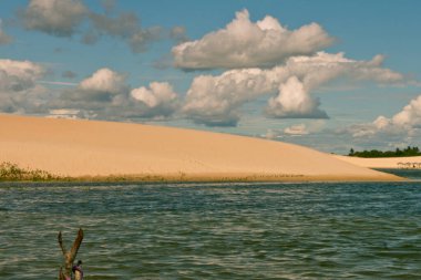 Ön planda küçük bir su kütlesi olan kum tepeciklerinin geniş görünümü, parçalı bulutlu bir gökyüzünün altında. Kumlu arazi ve mavi gökyüzü arasındaki zıtlık büyüleyici bir manzara yaratır..