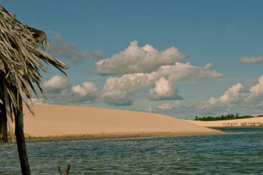 Kumlu kumullar, parlak mavi bir gökyüzünün altında, dağınık bulutlarla, ön planda sazdan bir çatı ile karşılaşıyor..