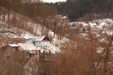 Kış Ormanı. Ukrayna köyünde ahşap ev. Köyün dışında, çevrede, şehrin dışında.