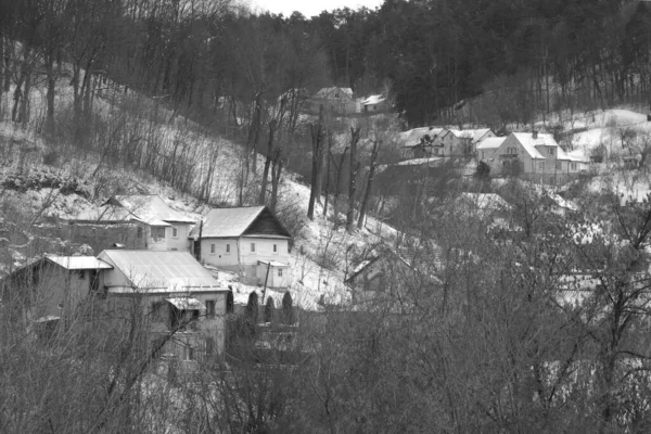 Kış Ormanı. Ukrayna köyünde ahşap ev. Köyün dışında, çevrede, şehrin dışında.