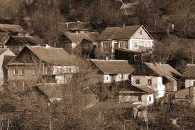 Kış Ormanı. Ukrayna köyünde ahşap bir ev. Köyün eteklerinde.