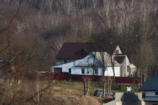 stock image Winter forest.Wooden house in the Ukrainian village.On the outskirts of the village