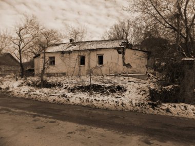 Kış Ormanı. Ukrayna köyünde ahşap bir ev. Köyün eteklerinde.         