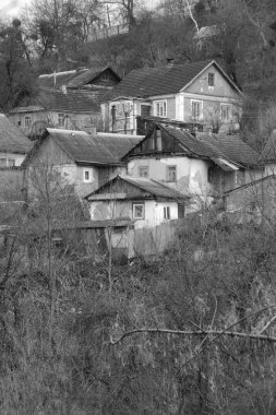 Kış Ormanı. Ukrayna köyünde ahşap bir ev. Köyün eteklerinde.