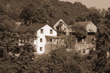 Kış Ormanı. Ukrayna köyünde ahşap bir ev. Köyün eteklerinde.