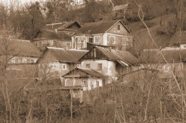  Ukrayna köyündeki ahşap ev. Ormanın kıyısındaki köy.