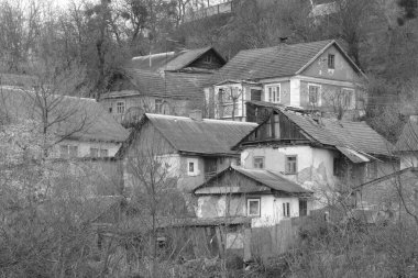 Ukrayna köyündeki ahşap ev. Ormanın kıyısındaki köy.