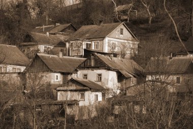Ukrayna köyündeki ahşap ev. Ormanın kıyısındaki köy.  
