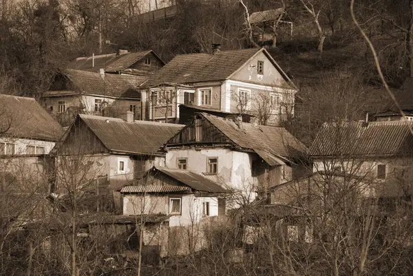 Ukrayna köyündeki ahşap ev. Ormanın kıyısındaki köy.  