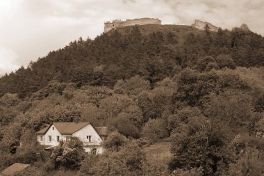 Castle Hill 'in genel manzarası. Ukrayna köyündeki ahşap ev. Ormanın kıyısındaki köy. Eski harap ev 