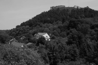 Castle Hill 'in genel manzarası. Ukrayna köyündeki ahşap ev. Ormanın kıyısındaki köy. Eski harap ev 