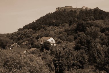 Castle Hill 'in genel manzarası. Ukrayna köyündeki ahşap ev. Ormanın kıyısındaki köy. Eski harap ev 