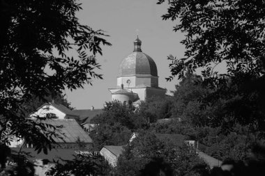 Meryem 'in Doğumu Kilisesi (Tunytska). Köyün kıyısındaki Antik Ortodoks Kilisesi. Ukrayna köyündeki ahşap ev. Ormanın kıyısındaki köy.