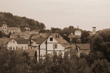 Eski kasabanın tarihi kısmı. Ukrayna köyünde ahşap bir ev. Ormanın kıyısındaki köy. Eski harap ev