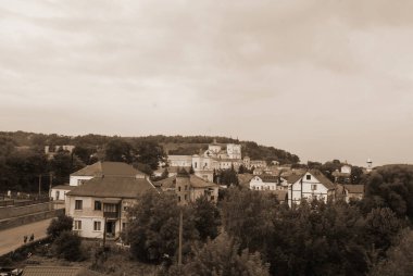 Eski kasabanın tarihi kısmı. Ukrayna köyünde ahşap bir ev. Ormanın kıyısındaki köy. Eski harap ev
