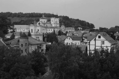 Eski kasabanın tarihi kısmı. Ukrayna köyünde ahşap bir ev. Ormanın kıyısındaki köy. Eski harap ev