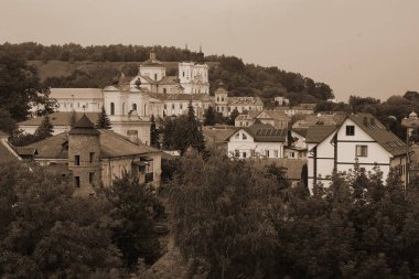 Eski kasabanın tarihi kısmı. Ukrayna köyünde ahşap bir ev. Ormanın kıyısındaki köy. Eski harap ev