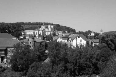 Eski kasabanın tarihi kısmı. Ukrayna köyünde ahşap bir ev. Ormanın kıyısındaki köy. Eski harap ev
