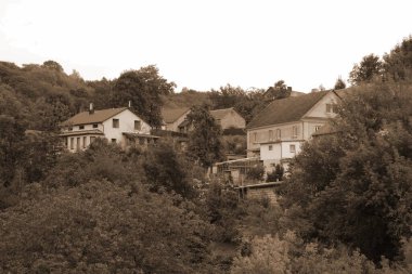 Ukrayna köyündeki ahşap ev. Ormanın kıyısındaki köy. Eski harap ev 