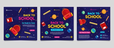 Okula geri dön sosyal medya şablon tasarımı. Web reklamları, kartpostallar, kartpostallar, iş mesajları, indirim broşürleri ve büyük indirimli afişler için.