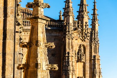 Mavi gökyüzü gününe karşı Salamanca Katedrali 'nin çatısında Gotik zirveler. Castilla y Leon, İspanya