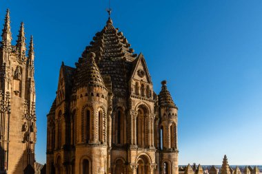 Eski Salamanca Katedrali 'nin dış görünüşü mavi bir gökyüzü günü. Castilla y Leon, İspanya