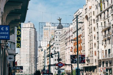 Madrid, Spain - November 1, 2020: Cityscape of Gran Via Avenue in Central Madrid. Street view