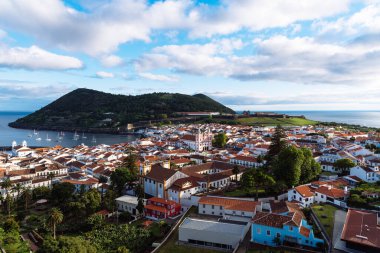 Panoramic Aerial View of the old Town, the port and the Fortress of Angra do Heroismo, Terceira Island, Portugal