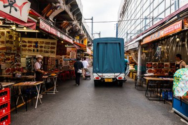 Tokyo, Japan - August 6, 2024: Ameyoko, a vibrant street market in Ueno, Tokyo, offers bustling shops, food stalls, and local goods, capturing the lively essence of Japanese street commerce clipart