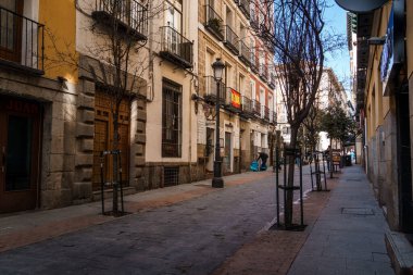 Madrid, İspanya - 2025-02-22: Las Letras Quarter 'da yapraksız ağaçlar ve tarihi binalarla dolu dar bir kaldırım taşı sokağının sabahın erken saatlerinde manzarası.