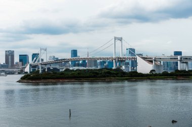Gökkuşağı Köprüsü ve Tokyo ufuk çizgisinin panoramik görüntüsü bulutlu bir günde körfez boyunca uzanıyor.