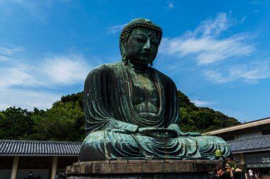 Kamakura, Japonya - 5 Ağustos 2024: Büyük Buda 'nın manzarası, Kotoku-in Tapınağı, Japonya, Kamakura' da bulunan büyük bir bronz heykel, mavi bir gökyüzü ve yeşillik üzerine kurulmuştur..