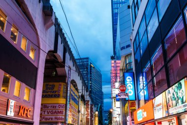 Tokyo, Japonya - 6 Ağustos 2024: Akihabara, Tokyo 'nun akşam manzarası, canlı vitrinler ve tabelalar. Bölge elektronik ve otaku kültürüyle tanınıyor..