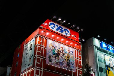 Tokyo, Japonya - 6 Ağustos 2024: Akihabara 'daki aydınlık bina anime karakterleri sergiliyor, Tokyo, Japonya' da geceleri canlı otaku kültürünü sergiliyor.