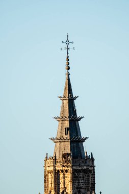 Açık gökyüzüne karşı Toledo Katedrali 'nin detaylı kulesi karmaşık taş işçiliği ve rüzgar gülü sergiliyor. İspanyol mimari mirasını gözler önüne seriyor..