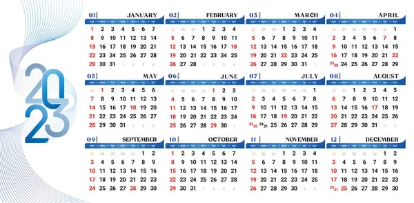 Vektorová Ilustrace Kalendáře 2023 Plně Nastavená Jednoletá Stránka Rozvržení Pro — Stockový vektor