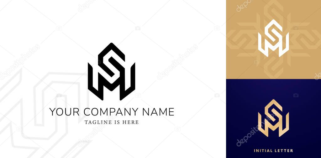 Set of abstract geometric company logo combination SM or MS letter design for business card, branding ads campaigns, letterpress, embroidery, covering invitations, envelope signs, golden foil stamping