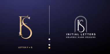 FS zarif monogram harf logosu tasarımı. Şirket ve iş için izole edilmiş gümüş renkli altın harfler, marka reklamları kampanyaları, mektuplar, nakış, davetiye zarfları.