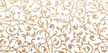 Beyaz arkaplanda kıvrımları olan altın çiçekli duvar kağıtları. Barok parşömen stili, Davetiyeler ve Kırtasiyeler için desenli. Sayfaları dolduran, modern tekstil.
