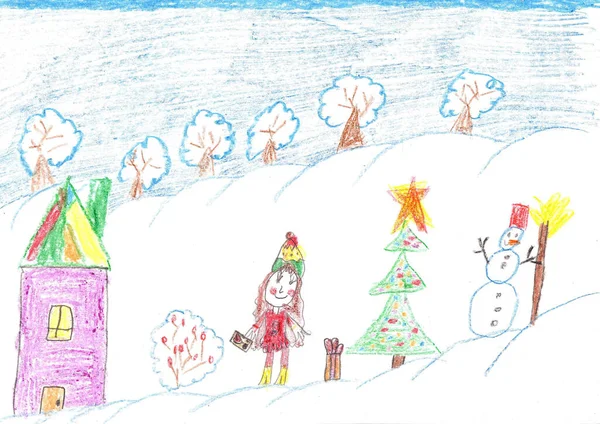 Children Playing Christmas Tree Snowman Child Drawing — Stock Photo, Image