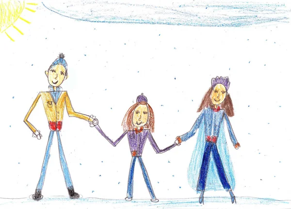Child Drawing Happy Family Walk — Stock Photo, Image