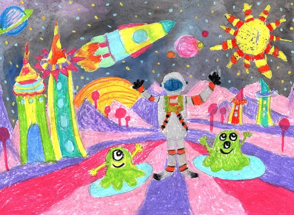 Watercolor Children Drawing Hand Drawn Flight Rocket Astronaut Alien Universe — Stock Photo, Image
