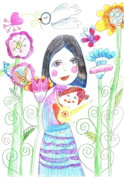 Детский Рисунок Счастливой Семьи Прогулке Улице — стоковое фото