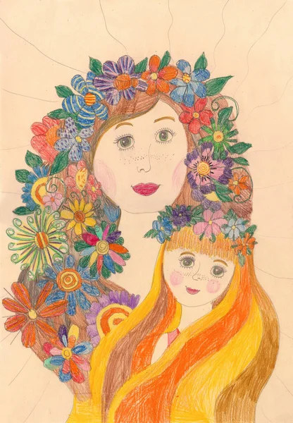 Desenho Uma Família Feliz Passeio Livre Menina Com Uma Coroa — Fotografia de Stock